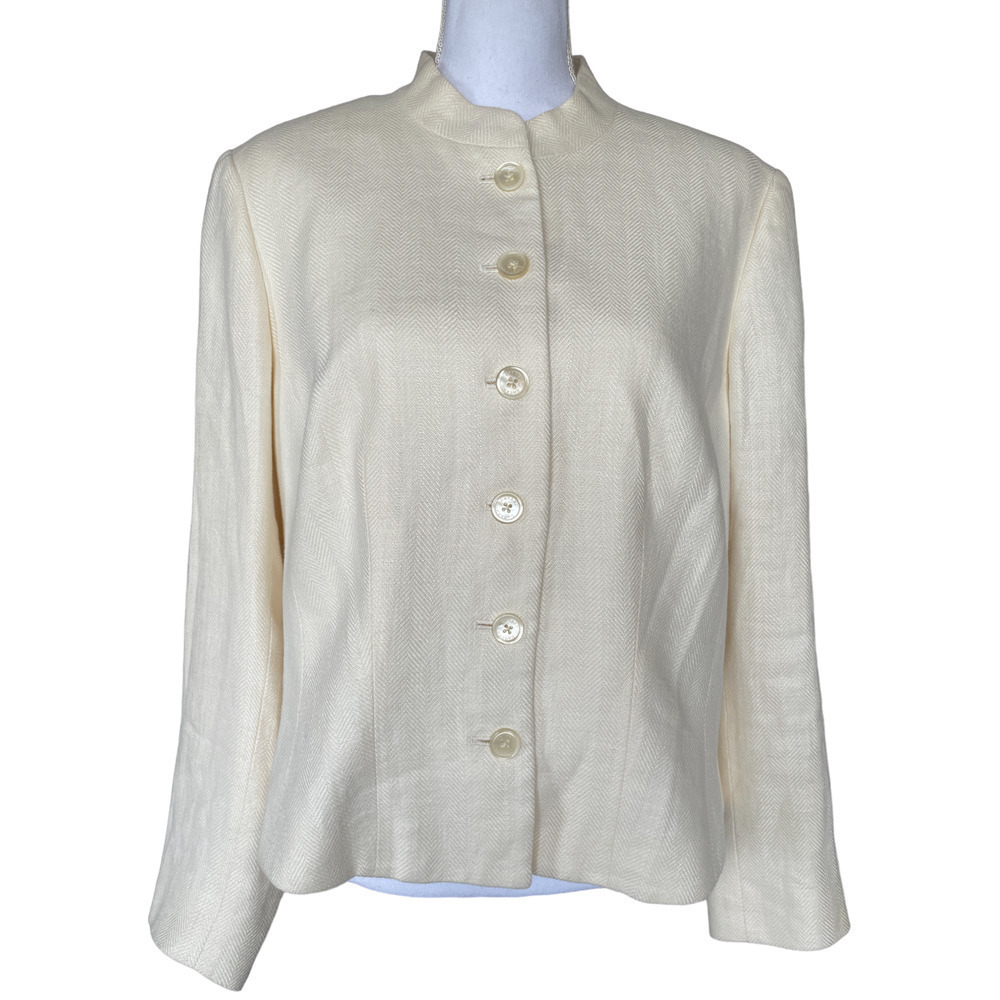 Vintage Lauren Ralph Lauren Nehru Jacket 1990's Sz 14W Ivory White Linen Fitted